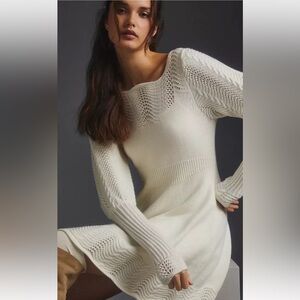 Anthropologie Pointelle Sweater Dress Pullover Crochet Knit Ribbing Ivory